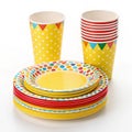 Stacked themed paper party plates and cups Royalty Free Stock Photo