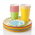 Stacked themed paper party plates and cups Royalty Free Stock Photo