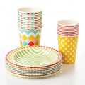 Stacked themed paper party plates and cups Royalty Free Stock Photo