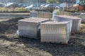 Stacked tile cubes on pavement repair laying of paving slabs