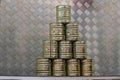 Stacked tin cans for a throwing game at a carnival funfair or Christmas market, copy space Royalty Free Stock Photo