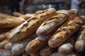 Stacked toasted baguette loaves. Ai generated