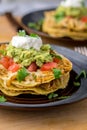 Stacked tostada dish closeup.