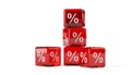 Stacked transparent red cubes or dice with percent sign symbol on white background, sale, discount or sales price reduction