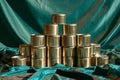 Stacked unopened cans on green cloth. Golden colored tins with canned food. Royalty Free Stock Photo