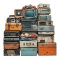 Stacked Vintage Electronics And Suitcases. Retro Technology And Nostalgia Concept Isolated On Transparent Background Royalty Free Stock Photo