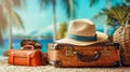 Stacked vintage leather suitcases hat travel accessories. Cinematic style banner for traveling vacation concept