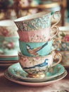 Stacked vintage teacups Ai photo Royalty Free Stock Photo