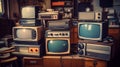 Stacked Wall Of Vintage Televisions. Generative AI Royalty Free Stock Photo