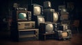 Stacked Wall Of Vintage Televisions. Generative AI Royalty Free Stock Photo