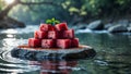 Spicy Watermelon Cubes on River Rock Royalty Free Stock Photo