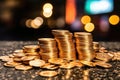 Stacked Wealth: Close-up of Shiny Coins on Urban Background