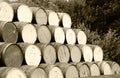 Stacked whiskey barrels