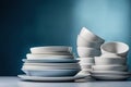 Stacked white ceramic dishes on blue gradient backdrop