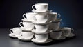 Stacked white teacups and saucers arranged in a pyramid on a dark background. Royalty Free Stock Photo