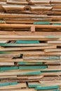 Stacked wood in the sawmill close up