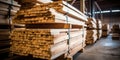 Stacked wooden beams in the warehouse