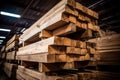 Stacked wooden beams in the warehouse