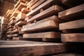 Stacked wooden beams in the warehouse