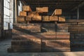 Stacked wooden beams in the warehouse