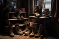 stacked worn-out boots in a cozy, dimly-lit corner