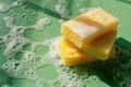 Stacked yellow sponges on a wet green surface with soap bubbles, suitable for visual content on household cleaning