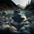 Stacked zen stones in the mountain river. 3d render Royalty Free Stock Photo