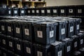 Stacking of boxes or urns inside a large warehouse.