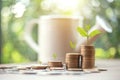 Stacking dollar coin with green bokeh background.save and investment concept.tree growing on coins