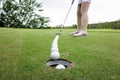 stacking golf ball while the golfer hits the ball into hole, at golf couse Royalty Free Stock Photo