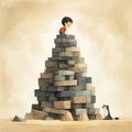 Stacking Realism: A Playful Cartoon Of A Boy On A Pile Of Bricks