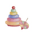 Stacking rings tower and whirligig toys. Wooden spinning top and toy pyramid puzzle clipart. Watercolor illustration for