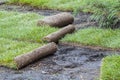 stacking of roll green lawn grass. Laying lawn grass in rolls at place of growth