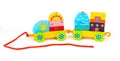 Stacking Train Toddler Toy for little children, isolated on white background. Baby train made of wooden geometric blocks. Colorful Royalty Free Stock Photo