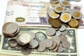 stacks of American coins of 1 dollar, 50 cents, quarters, 10 cents dime and one cent and Egyptian coins of 1 EGP LE one pound and Royalty Free Stock Photo