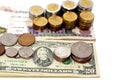 stacks of American coins of 1 dollar, 50 cents, quarters, 10 cents dime and one cent and Egyptian coins of 1 EGP LE one pound and Royalty Free Stock Photo