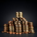 Stacks of assorted coins are arranged in a pyramid shape against a dark background Royalty Free Stock Photo