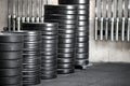 Stacks of assorted sized weights in a gym