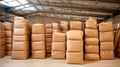 Stacks of bags fill the warehouse, arranged neatly on top of each other. Generated Image