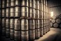 Stacks of beer barrels in brewery manufacturing warehouse. Neural network generated art Royalty Free Stock Photo