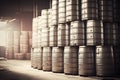 Stacks of beer barrels in brewery manufacturing warehouse. Neural network generated art Royalty Free Stock Photo