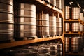 Stacks of beer barrels in brewery manufacturing warehouse. Neural network generated art Royalty Free Stock Photo