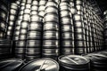 Stacks of beer barrels in brewery manufacturing warehouse. Neural network generated art Royalty Free Stock Photo