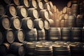 Stacks of beer barrels in brewery manufacturing warehouse. Neural network generated art Royalty Free Stock Photo