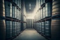 Stacks of beer barrels in brewery manufacturing warehouse. Neural network generated art Royalty Free Stock Photo