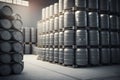 Stacks of beer barrels in brewery manufacturing warehouse. Neural network generated art Royalty Free Stock Photo