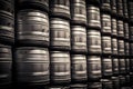 Stacks of beer barrels in brewery manufacturing warehouse. Neural network generated art Royalty Free Stock Photo