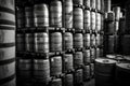 Stacks of beer barrels in brewery manufacturing warehouse. Neural network generated art Royalty Free Stock Photo