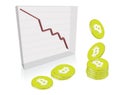 Stacks of Bitcoin coins against a declining graph depicted currency value crashing