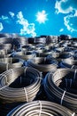 Stacks of black pvc plastic pipe outdoors with selective focus Royalty Free Stock Photo